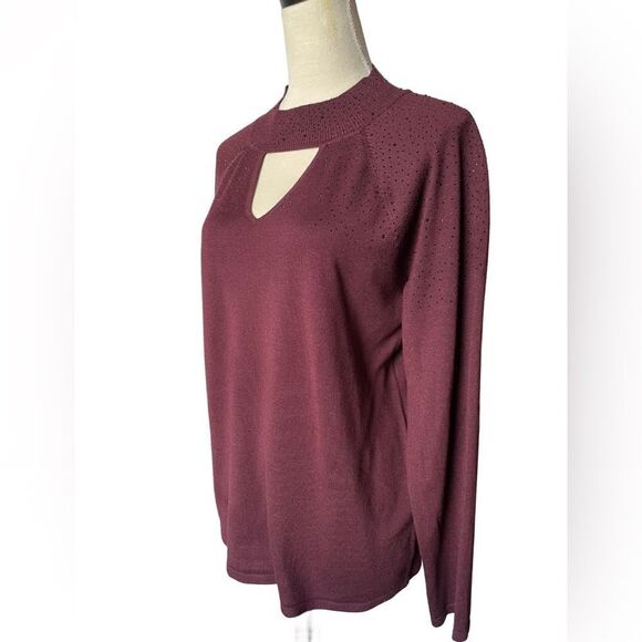 Cable & Gauge Plum Purple Pullover Sweater w/Cut Out & Beaded Top (Size: Large) - Picture 4 of 11